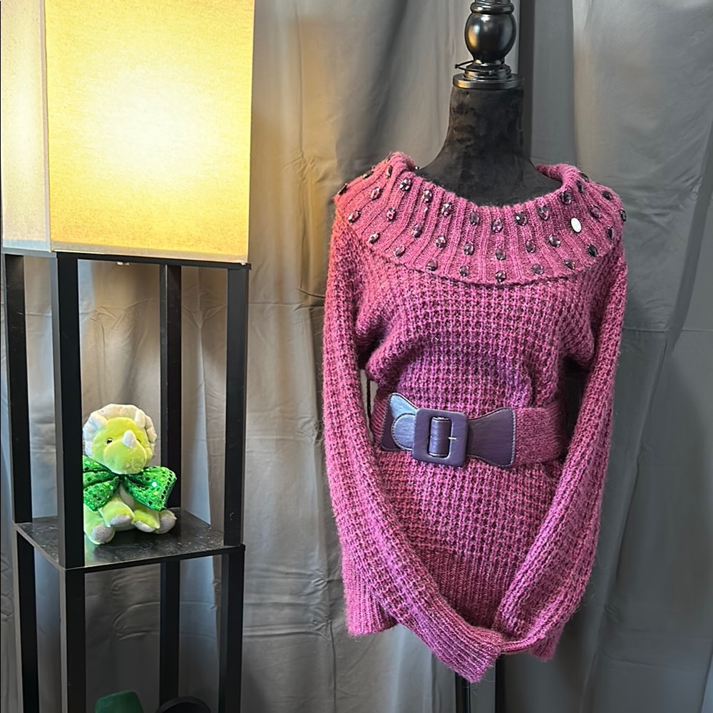 Purple Crew Neck Sweater with Open-Knit Texture
